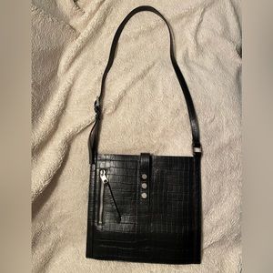 All Saints Alexandria Black Embossed Croc Crossbody Tote